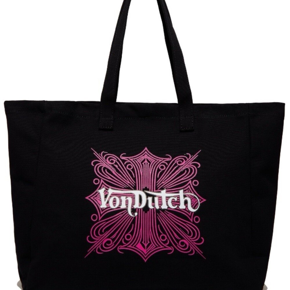 Von Dutch Tote Bag Womens Large Black Pink Cross Logo Y2K Shoulder Shopper